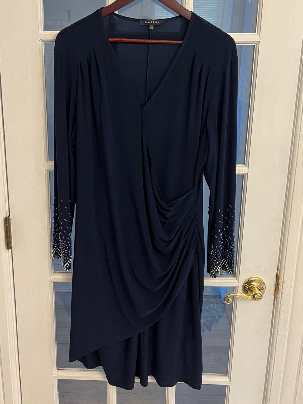 Marina Women’s Navy Draped Rhinestone Cuff Long Sleeve Cocktail Dress Size 18W